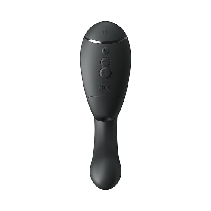 The Womanizer Next Duo Pleasure Air + Vibration Blended Orgasm Stimulator is a black, oval-shaped dual stimulator with three front control buttons and a curved handle, shown against a white background.