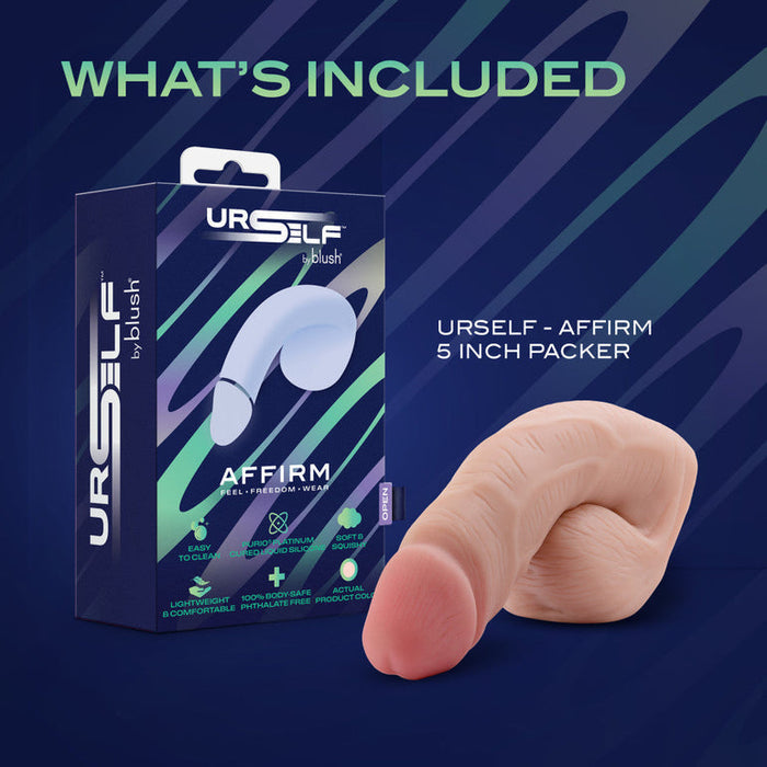 A box labeled "URSELF 5 Inch Vanilla Silicone Packer Dildo" is shown beside a realistic, flesh-toned silicone packer shaped like a penis. The text says "WHAT'S INCLUDED" against abstract blue and green patterns. Made from body-safe silicone.