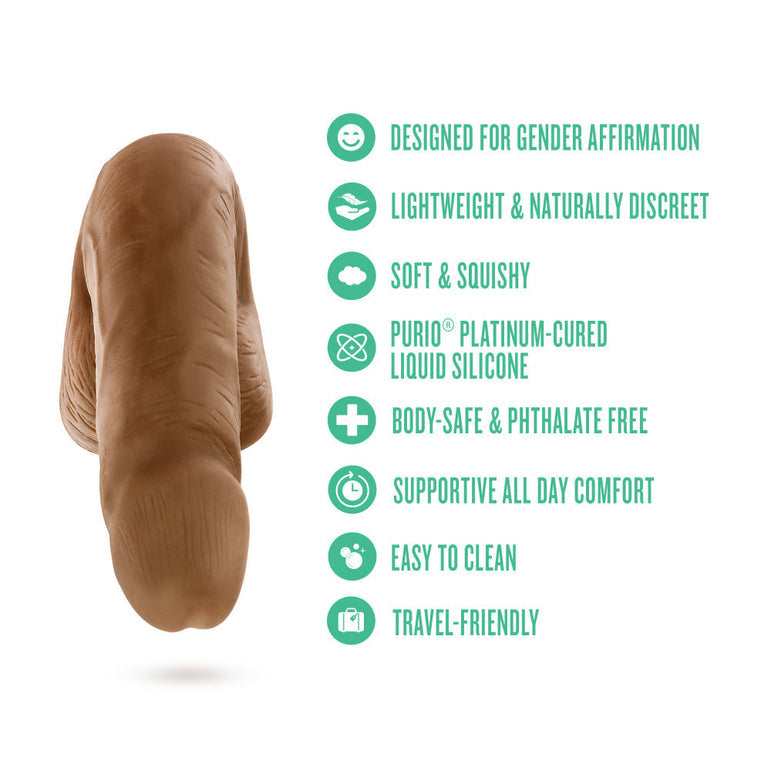 A close-up of the URSELF 5 Inch Chocolate Silicone Packer Dildo, crafted from body-safe platinum-cured silicone for a realistic feel.