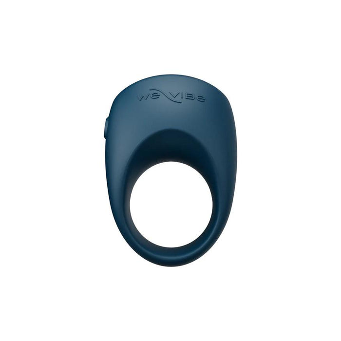 A dark blue We-Vibe Pivot 2 Vibrating Silicone Rechargeable Penis Ring, featuring “We-Vibe” embossed on top and designed for hands-free clitoral stimulation, shown against a plain white background.