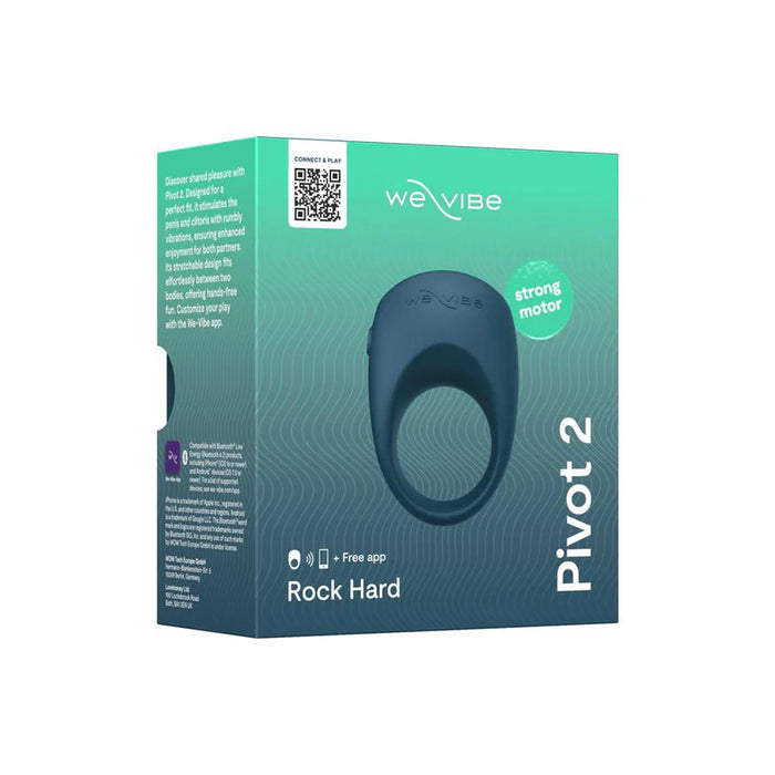 A teal box features the We-Vibe Pivot 2 Vibrating Silicone Rechargeable Penis Ring in dark blue, offering hands-free clitoral stimulation, a strong motor, app compatibility, wave design, QR code, and the product name on the front.
