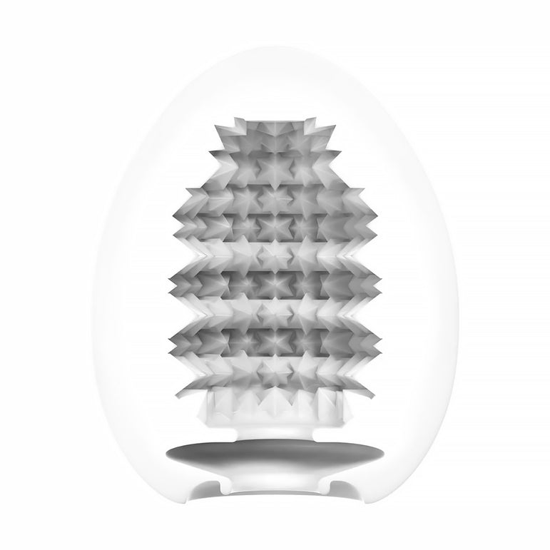 The Tenga Egg Standard 3 Pack Disposable Masturbators I features translucent, egg-shaped sleeves with spiky, star-patterned textured interiors and a bottom opening, all displayed against a white background.