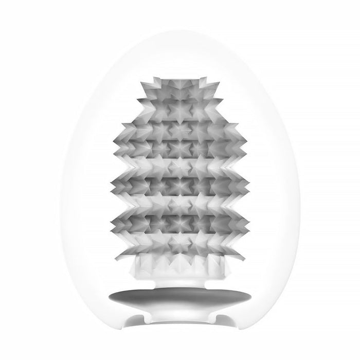 The Tenga Egg Standard 3 Pack Disposable Masturbators I features translucent, egg-shaped sleeves with spiky, star-patterned textured interiors and a bottom opening, all displayed against a white background.