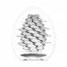 A Tenga Egg Standard 3 Pack Disposable Masturbators II, featuring white, egg-shaped designs with spiral, layered interiors resembling interlocking curved bands, is displayed against a plain white background. The look is modern and abstract.