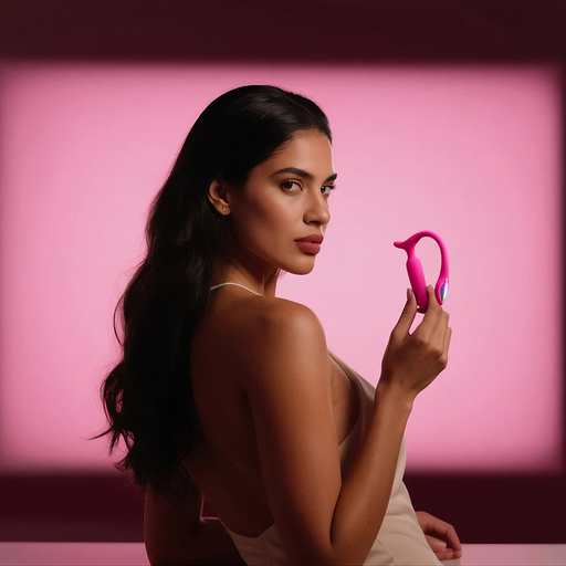 A woman with long, dark hair wearing a light top holds the Lovense Bluetooth App Controlled Vibrating Anal Plug, posing against a pink backdrop with soft lighting.