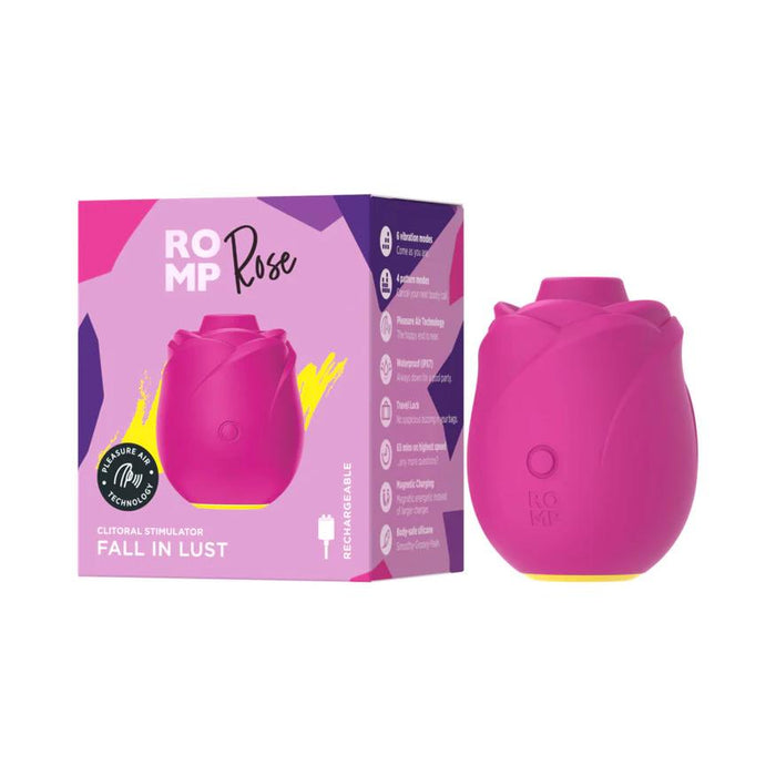 The Romp Rose 2 Pleasure Air Clitoris Stimulator in pink appears beside its colorful box, which features the product name, image, and details.