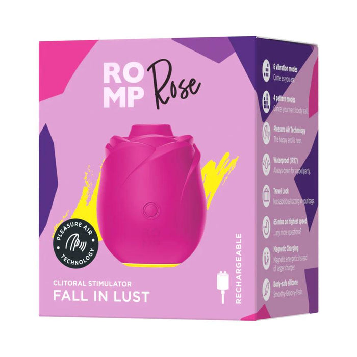 A vibrant box for the Romp Rose 2 Pleasure Air Clitoris Stimulator - Pink, shaped like a rose. Features include Pleasure Air Technology, waterproof design, multiple modes, rechargeable battery, silicone build, and body-safe materials.