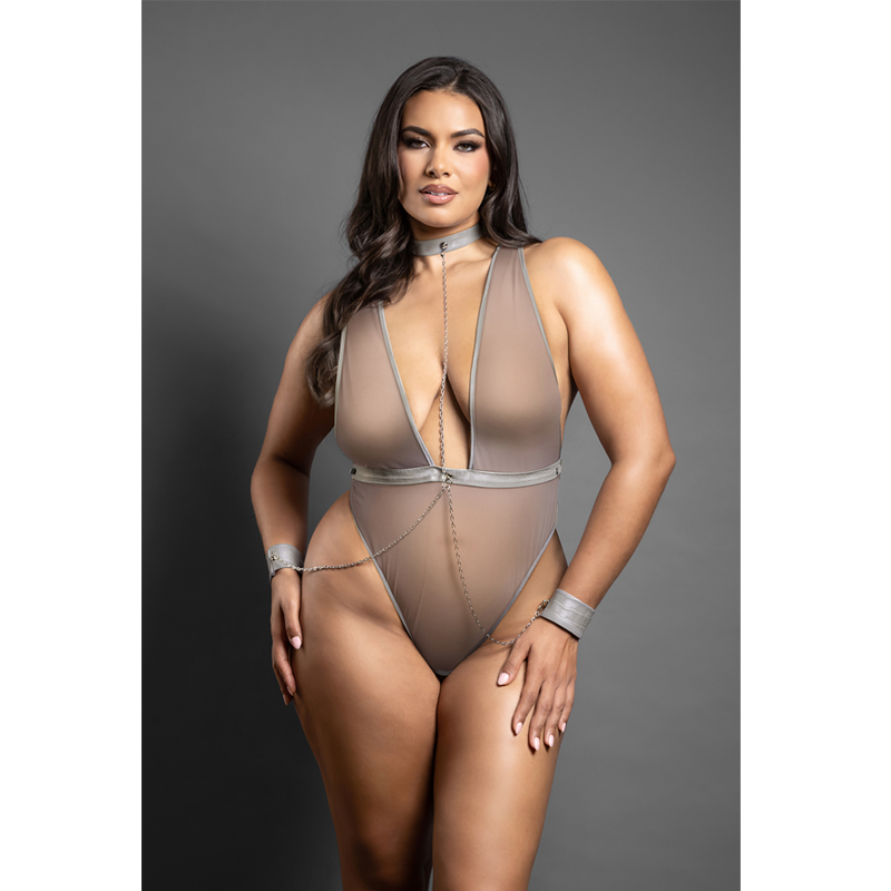 Plus Size Midnight Chains Crotchless Plunge Mesh Teddy with Detachable Restraints