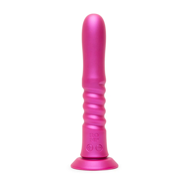 Pink silicone ROMP Jiggle thrusting vibrator with a ribbed shaft, suction base, and control buttons.