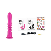 Pink silicone ROMP Jiggle thrusting vibrator with a ribbed shaft, suction base, and included accessories.