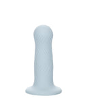 A pale blue CalExotics Wave Rider Foam Short, Girthy 4.75 Inch liquid silicone dildo with a wavy texture and a cylindrical, upright shape on a powerful suction cup base, isolated on a white background.
