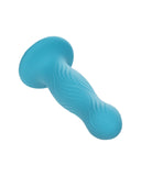 A blue Wave Rider Swell Short, Girthy 5 Inch Liquid Silicone Dildo by CalExotics, with a wavy texture, isolated on a white background, featuring a suction cup base.