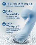 This image seems to be an advertisement for a Blush Devin Clit Thumping G-Spot Rabbit with Shaft Rotation, highlighting its features such as "10 levels of thumping," compatibility with "hybrid and water-based lubes," and "ipx7" protection.