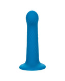A blue Wave Rider Ripple First Time G-Spot and Prostate Silicone Dildo with a wavy texture and a powerful suction cup base, isolated on a white background. (CalExotics)
