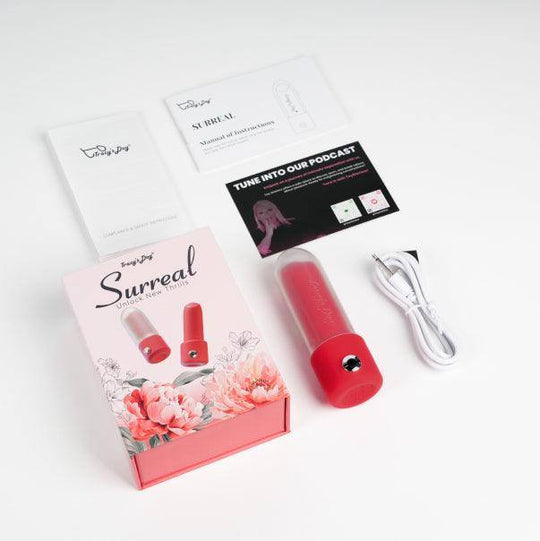 Red lipstick vibrator, pink floral box, manual, and charging cable on a white surface.