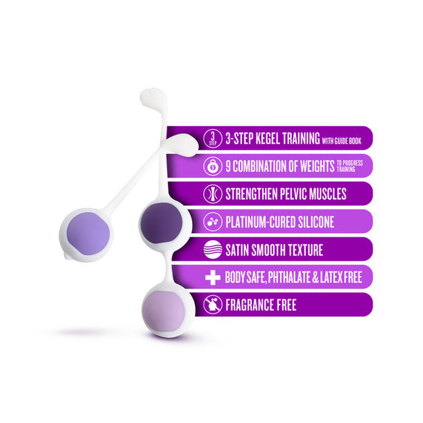 The Wellness Kegel Ball Training Kit for Pelvic Floor Health includes two purple and white balls. Features: 3-step training, 9 weight combos, pelvic floor strengthening, platinum silicone, smooth texture, body safe, fragrance free.