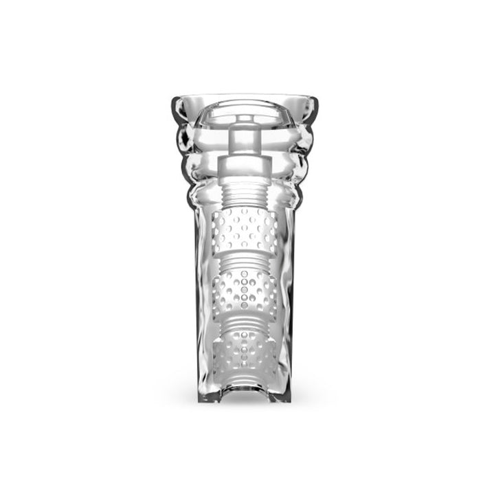 A transparent glass object with a cylindrical shape and a ridged inner structure, resembling the All Nighter Glow in the Dark Textured Clear Self Lubricating Stroker by Blush. The glass features textured, perforated sections within the cylinder, akin to an ultra stretchy and reversible stroke sleeve, adding to its intricate design.