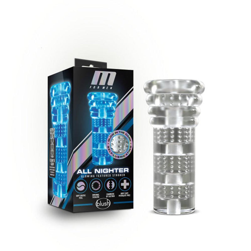 Image of a clear, glow-in-the-dark textured stroker sex toy alongside its vibrant box packaging. The box is labeled "M for Men" and "All Nighter Glow in the Dark Textured Clear Self Lubricating Stroker" with features highlighted like "tight entry," "ultra stretchy," and "body safe." The brand, Blush, is also displayed.