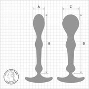 The image features two silhouettes of cylindrical objects, likely Aneros Peridise Beginner Anal Toys, side by side on a grid background. They are labeled with dimensions A, B, C, and D. In the bottom left corner, a United States quarter is placed for scale.