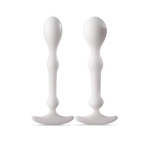 The Aneros Peridise Beginner Anal Toys - Set of 2 by Aneros are a pair of white, curved devices with multiple spherical segments along their length, each ending in a broad, flat base. Crafted from non-porous ABS plastic, their smooth surface and ergonomic design ensure comfort while enhancing anal sensations.