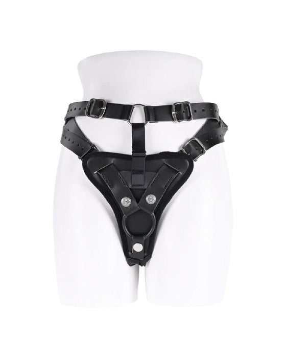 Aurora High Waisted Adjustable Strap on Harness by Sportsheets presented on a mannequin torso.