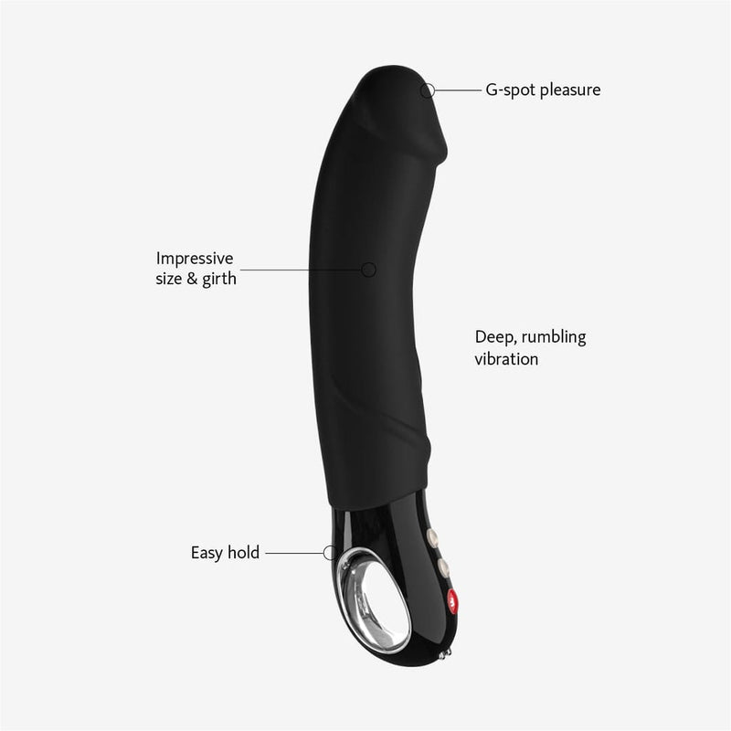 Black silicone G-spot vibrator with impressive size, girth, and easy-hold base, featuring a flexible shaft.