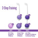 Infographic titled “3-Step Training” featuring the Wellness Kegel Ball Training Kit for Pelvic Floor Health with three Kegel balls (0.6oz single, 1.3oz single, 1.8oz dual) and step-by-step pelvic floor strengthening instructions for each weight.