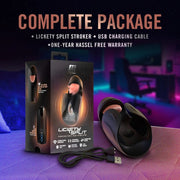 A Lickety Split Rechargeable Vibrating Thumping Stroker Silicone, its box, and USB charging cable sit on a table. "Complete Package" text highlights the rechargeable stroker against a blurred room background.