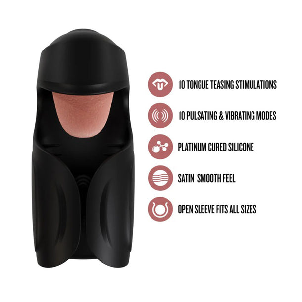 The Lickety Split Rechargeable Vibrating Thumping Stroker Silicone is shown in black, featuring a flicking tongue, 10 tongue stimulations and modes, platinum-cured satin-smooth silicone, and an open sleeve to fit all sizes.