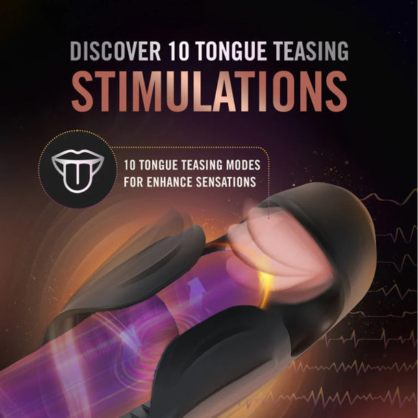 Promotional image for the Lickety Split Rechargeable Vibrating Thumping Stroker Silicone: features a mouth icon and the text, “Experience 10 flicking tongue modes for intense sensations,” set on abstract lines.