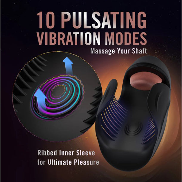 The Lickety Split Rechargeable Vibrating Thumping Stroker Silicone is shown in black, featuring a ribbed inner sleeve and 10 pulsating vibration modes that massage the shaft for intense pleasure with powerful vibrating sensations.