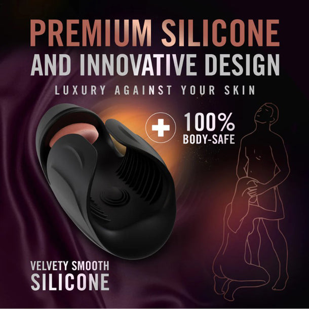 The Lickety Split Rechargeable Vibrating Thumping Stroker Silicone is shown on a dark background with highlighted text: "Premium Silicone and Innovative Design," "100% Body-Safe," and "Velvety Smooth Silicone." A couple's outline appears to the right.