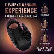 The Lickety Split Rechargeable Vibrating Thumping Stroker Silicone in black is shown with the text, “Elevate your sensual experience for solo or partner play.” Diagrams show it fits average, large, and XL sizes. Text: “Taco stroker fits all sizes.”.