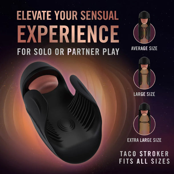 The Lickety Split Rechargeable Vibrating Thumping Stroker Silicone in black is shown with the text, “Elevate your sensual experience for solo or partner play.” Diagrams show it fits average, large, and XL sizes. Text: “Taco stroker fits all sizes.”.