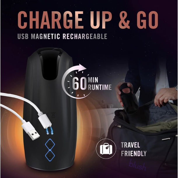The Lickety Split Rechargeable Vibrating Thumping Stroker Silicone, a black USB magnetic rechargeable sleeve with blue buttons, is shown with "60 min runtime" and "travel friendly" text as a person packs it into a suitcase. A USB charging cable appears nearby.