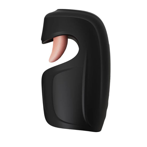The Lickety Split Rechargeable Vibrating Thumping Stroker Silicone is a black device with a curved outer shell and a small, flesh-toned, tongue-like feature that flicks from an opening on the side.
