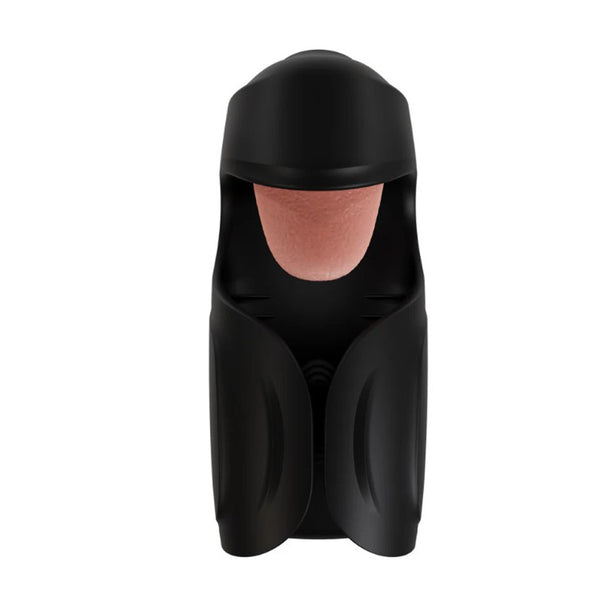 The Lickety Split Rechargeable Vibrating Thumping Stroker Silicone is a black, cylindrical male sex toy with a textured, flesh-toned interior opening, displayed against a white background.
