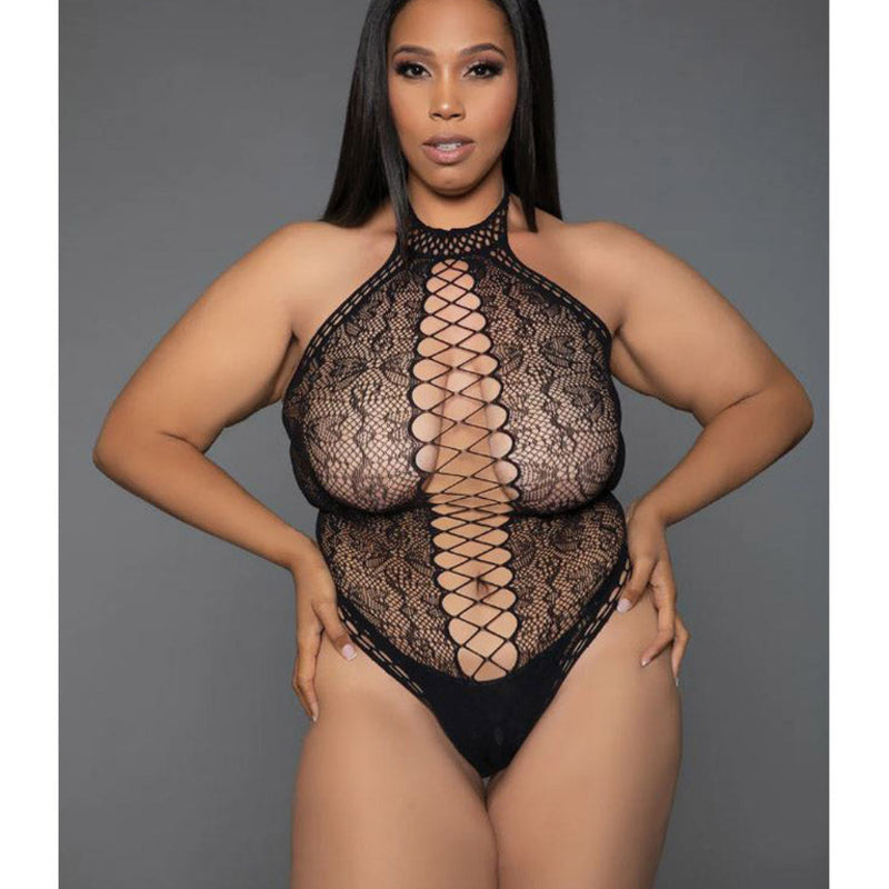 Unforgettable Nights Plus Size Black Lace-Up Halter Teddy Bodysuit