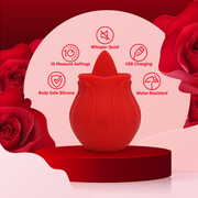 Red rose-shaped silicone vibrator with a fluttering tongue tip, highlighting 10 settings, USB charging, and water resistance.