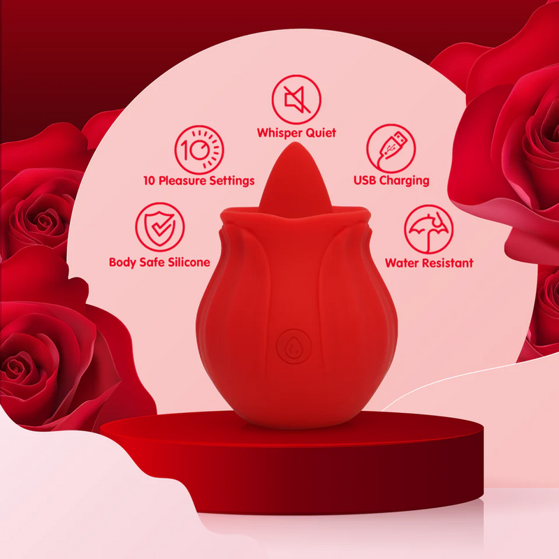 Red rose-shaped silicone vibrator with a fluttering tongue tip, highlighting 10 settings, USB charging, and water resistance.