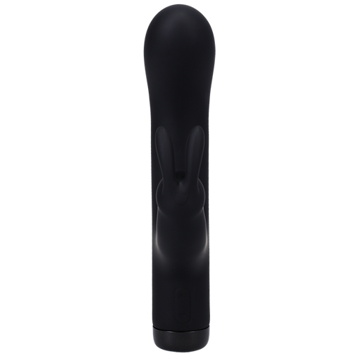 A sleek and modern handheld electronic device in classic black with a rounded top and two protruding rabbit ear-like extensions near the base, likely intended for personal enjoyment. Known as the Beginner Black Rabbit Vibrator In a Bag by Doc Johnson, it features a g-spot angle, waterproof design, and convenient control button near the bottom for easy operation.