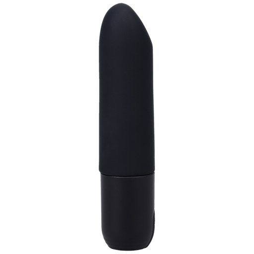 A black, cylindrical object with a slightly rounded tip, resembling a classic lipstick shape, stands vertically. The surface appears smooth and matte with no discernible markings or features; this is the Beginner Classic Black Silicone Bullet Vibrator In a Bag by Doc Johnson.