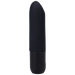 A black, cylindrical object with a slightly rounded tip, resembling a classic lipstick shape, stands vertically. The surface appears smooth and matte with no discernible markings or features; this is the Beginner Classic Black Silicone Bullet Vibrator In a Bag by Doc Johnson.