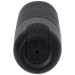 An up-close shot of the Beginner Classic Black Silicone Bullet Vibrator In a Bag by Doc Johnson, shaped like classic lipstick and USB rechargeable, viewed from the base. The base features a small round button labeled "DC" along with CE certification symbols and disposal instructions. The device boasts a smooth matte finish.