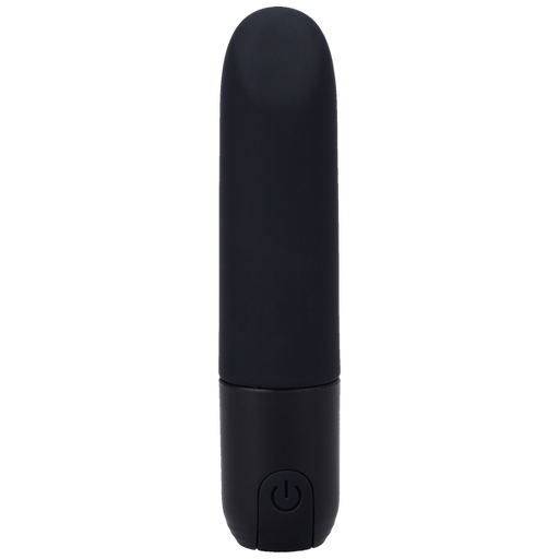 Introducing the Doc Johnson Beginner Classic Black Silicone Bullet Vibrator In a Bag: a sleek, black, cylindrical personal massager with a smooth surface. It features a power button at the bottom front and boasts a classic, lipstick-shaped design that is USB rechargeable and waterproof. This product embraces minimalist and modern aesthetics for an elegant experience.