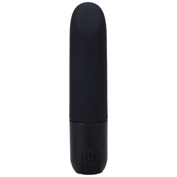 Introducing the Doc Johnson Beginner Classic Black Silicone Bullet Vibrator In a Bag: a sleek, black, cylindrical personal massager with a smooth surface. It features a power button at the bottom front and boasts a classic, lipstick-shaped design that is USB rechargeable and waterproof. This product embraces minimalist and modern aesthetics for an elegant experience.