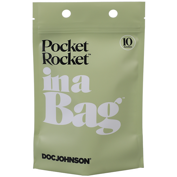 A black product packaging for the waterproof Beginner Pocket Rocket Vibe In a Bag - Black by Doc Johnson with the phrase "In a Bag" in large white letters. The package mentions "10 functions" for clitoral stimulation and has a resealable top with two holes for hanging.