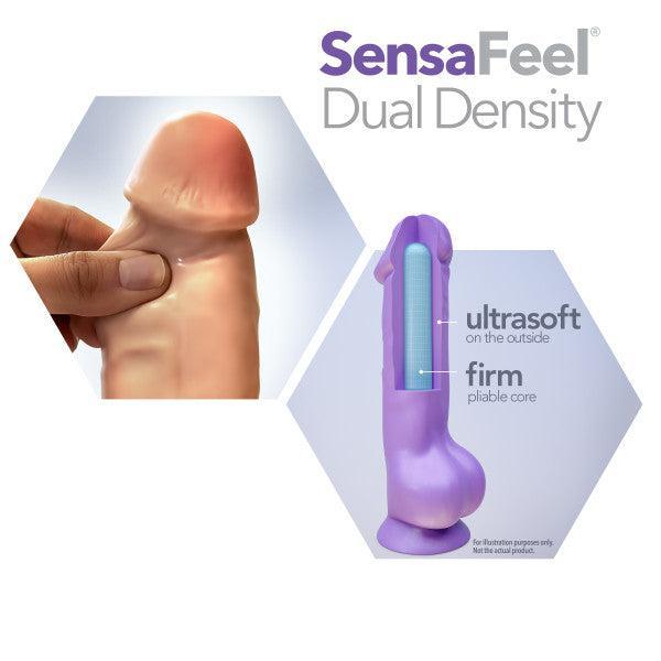 An image of a sex toy called the Big Boy 10 Inch Dual Density Suction Cup Dildo in Vanilla by Blush showcases its realistic design with an ultrasoft texture on the exterior and a firm, pliable core. One inset shows a hand gripping the dildo, highlighting its 10-inch dual density structure, while another inset illustrates the toy's flexible spine and strong suction cup base with labeled features.