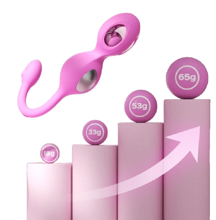 The Elektra App-Controlled E-Stim Kegel Training Set for Pelvic Floor floats above a bar graph with spheres labeled 18g, 33g, 53g, and 65g—an upward arrow highlights progress as you track and strengthen your pelvic floor workouts.