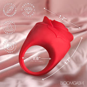 The Bloomgasm Rose Ring Finger Vibrator is made of premium, body-safe silicone with a stunning rose design. Measuring 1.2" wide by 0.8" unstretched, it’s USB rechargeable, waterproof, phthalate-free, and features "Bloomgasm" branding.